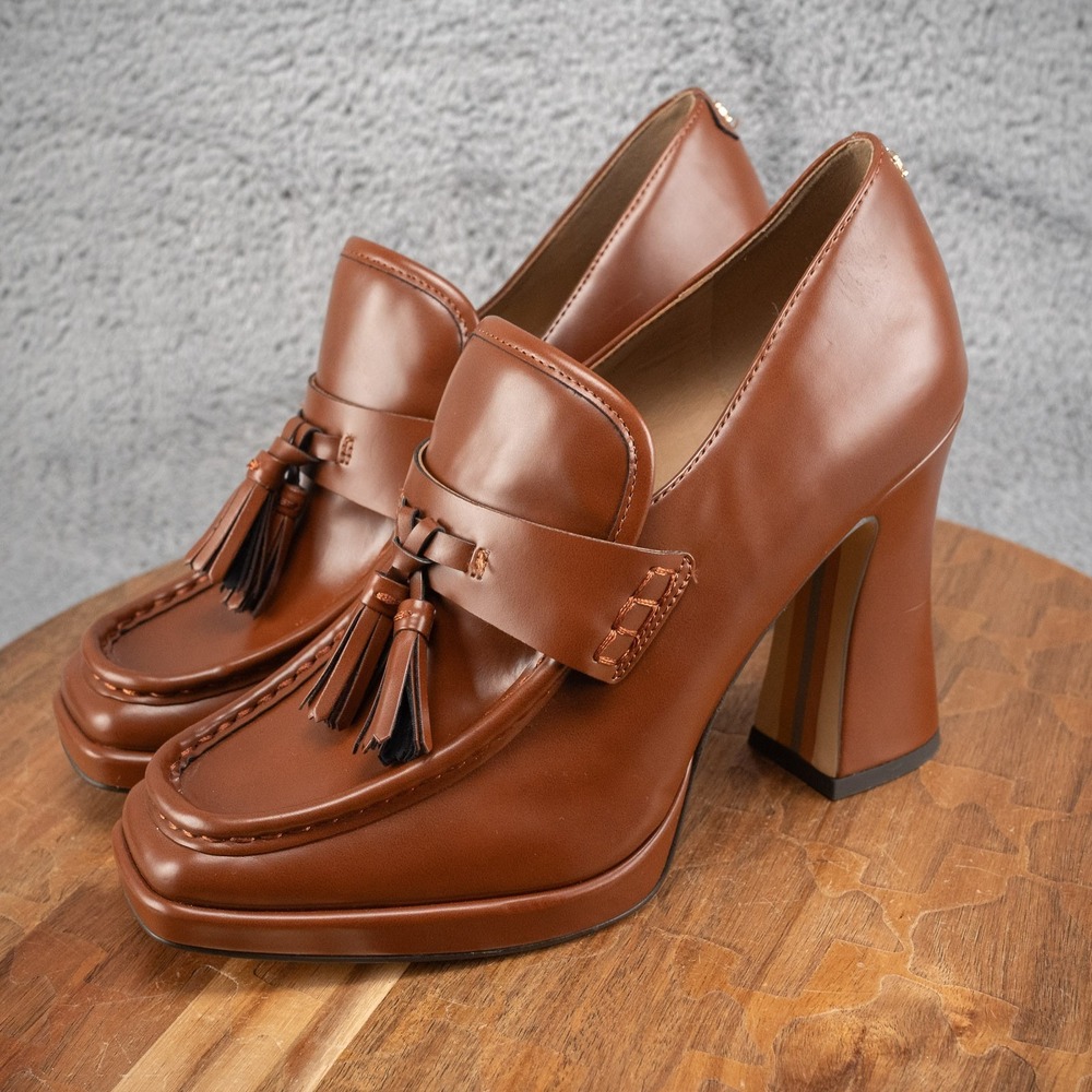 Sam Edelman Jed Platform Block Heel Leather Loafers Tan Retro Sz 8M Office Prepp - Picture 3 of 6